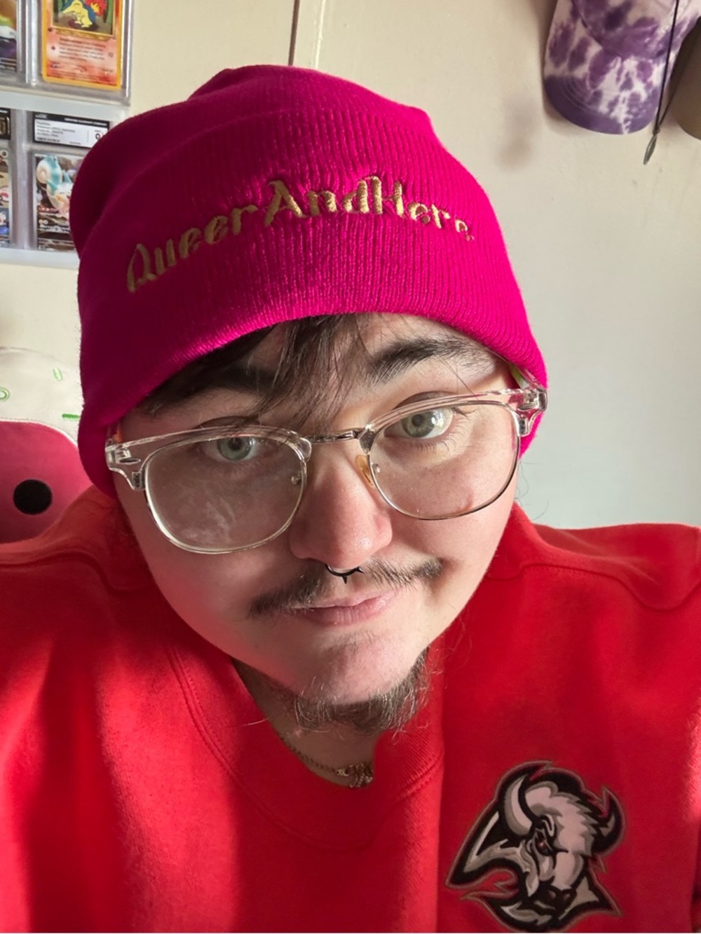 Hot Pink Beanie with Gold 'QueerAndHere' Embroidery silk lining - Picture 3 of 3
